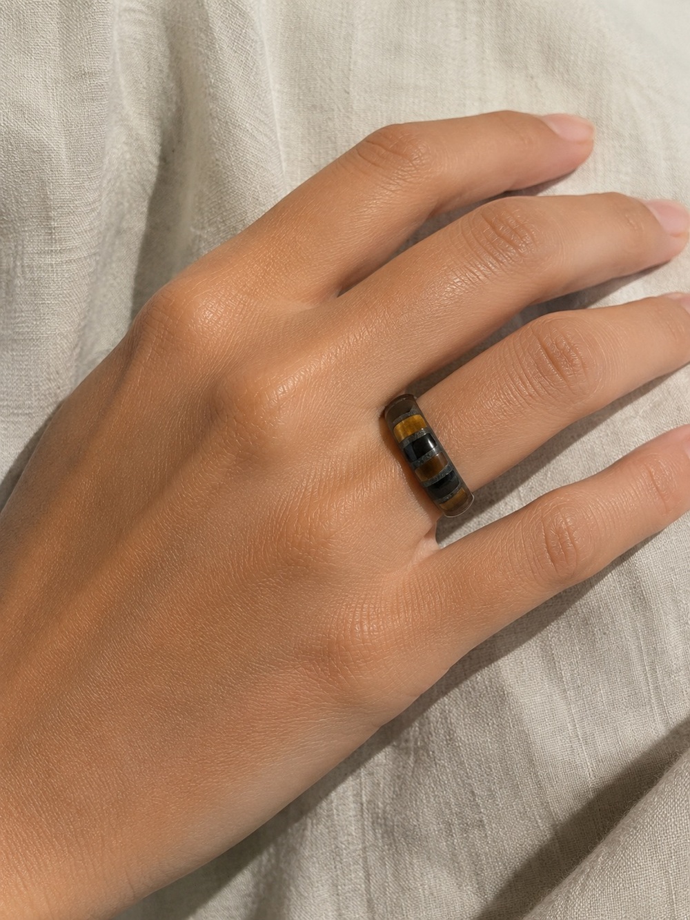 925 Tigers eye and black onyx ring